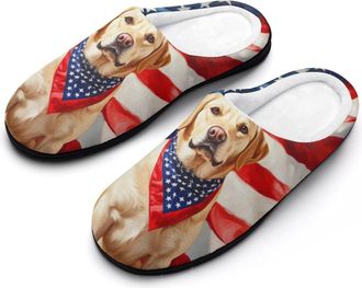 Generic Labrador Dog U.S. Flag Mens House Slippers Memory Foam Washable Cotton Slip on Home Shoes