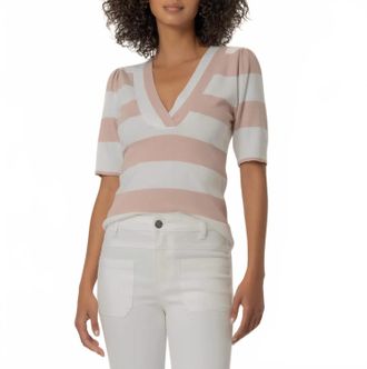 Kut from the Kloth Yona Striped V-Neck Sweater In White/ Blush