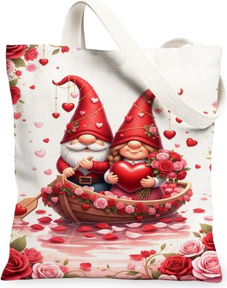 Generic ValentineS Day Gnome Canvas Bags, Heart Floral Pattern Reusable Grocery Bags, Lightweight Washable Shoulder Strap for Beac, White, 13x15 Inch