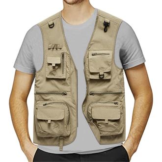 Generic Fishing Waistcoat Mens, Mens Cargo Vest Outdoor Work Safari Fishing Vest Mesh Waistcoat with Multi Pockets Mens Lightweight Jacket Field Fishing Profe