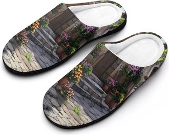 Generic Mediterranean Style Old Stone Buildings Mens Soft Cotton Slippers with Memory Foam Anti-skid House Shoes for Travel Indoor Outdoor