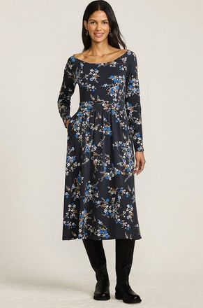 Lands End Cotton Modal Off Shoulder Midi Dress in Steel Gray Fall Floral at Nordstrom, Size X-Small P