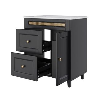 Urban Meuble Mueble de ba&ntilde;o 76 cm con detalles de rat&aacute;n y dorado, Negro
