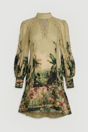 Karen Millen Womens Botanical Print Woven High Neck Mini Dress - Green - Size 14 UK