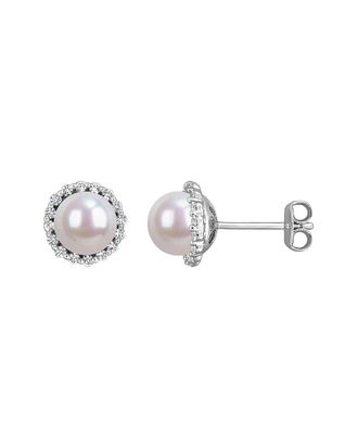 Rina Limor Silver 0.32 Ct. Tw. Lab-Grown Created White Sapphire & 7-7.5 Mm Pearl Halo Stud Earrings