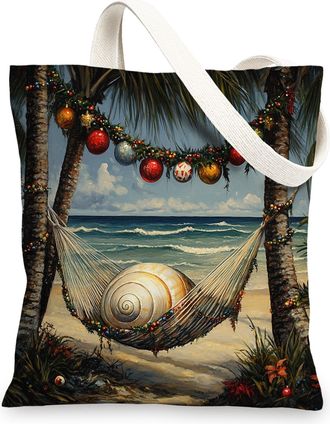 Generic Beach Christmas Shell Canvas Tote Bag for Shopping 13x15, Fun Coastal Xmas Palm Trees Reusable Grocery Print Pattern Bag for Women Men, Holiday Beachy