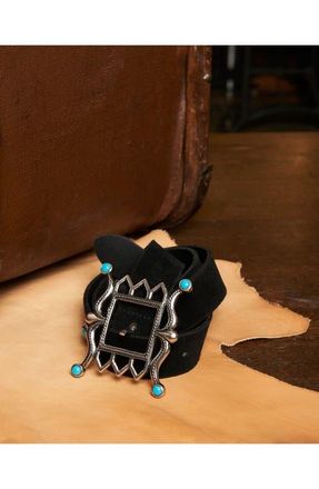 Fortela Tea Suede Leather Belt in Black at Nordstrom, Size 80