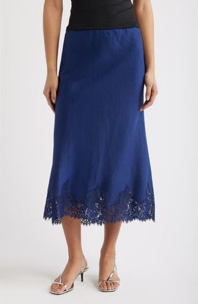 Reformation Carolina Lace Trim Linen Midi Skirt in Danube at Nordstrom, Size X-Small