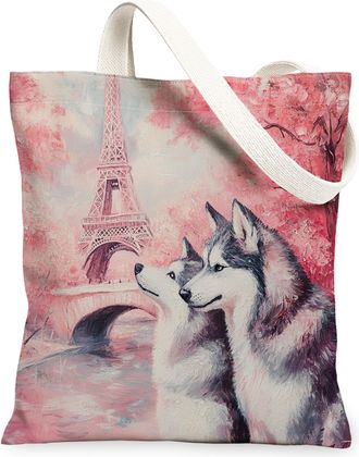 Generic Valentines Day Alaskans Malamute Dog Canvas Tote Bag for Shopping 13x15, Eiffel Tower Puppy Reusable Grocery Print Pattern Bag for Women, Couple Beach