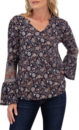 Lucky Brand Notch Neck Bell Sleeve Top in Navy Multi at Nordstrom Rack, Size X-Small Regular