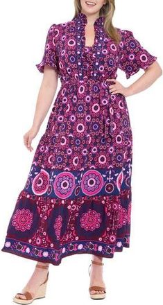 London Times Ruffle Short Sleeve Tiered Maxi Dress in Plum Caspia/Navy at Nordstrom Rack, Size 14W