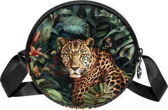 Generic Circle Crossbody Bag for Women, Jungle Forest Leopard Small Sling Bag Daypack with Zipper Adjustable Shoulder Straps Casual Ladies Girls Round Purse