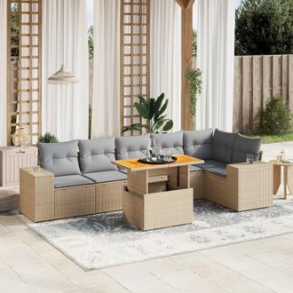 vidaXL Vidaxl - Set Sof&aacute;s De Jard&iacute;n 7 Piezas Y Cojines Rat&aacute;n Sint&eacute;tico Beige
