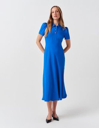 Ghost London Verity Crepe Puff Sleeve Midi Dress in Blue at Nordstrom, Size 10