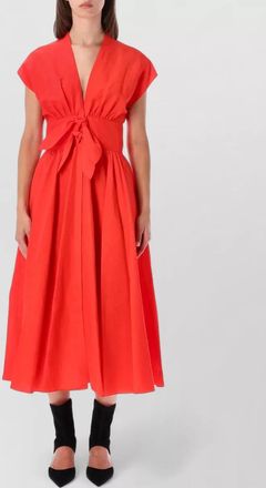 Alaia linen blend v-neck cap-sleeve belted midi dress