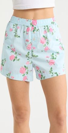Open Edit Oversize Boyfriend Boxer Shorts in Blue- Pink Mood Floral at Nordstrom, Size X-Small