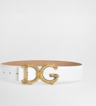 Dolce & Gabbana Leather Belt With Baroque Dg Logo - Woman Belts White Leather 105