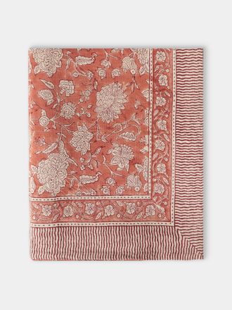 Chamois Indian Rose Block-Printed Linen Rectangular Tablecloth