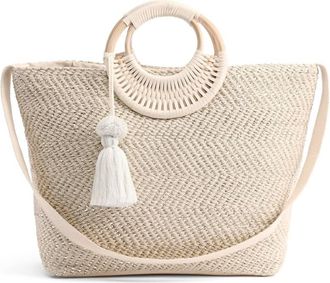 America & Beyond Womens Birch Lurex Durrie Cane Handle Hand Woven Large Tote In White