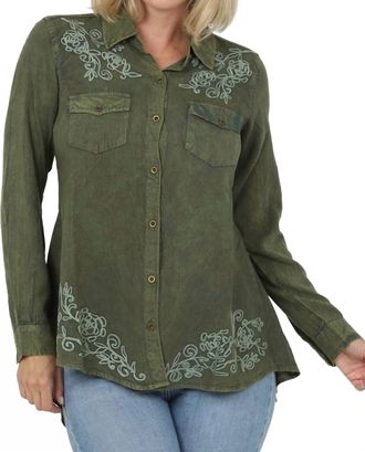 Nostalgia Embroidered Hi Lo Button Up Shirt In Olive