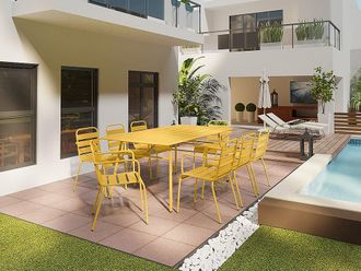 Vente-Unique Sala da pranzo da giardino un tavolo L.200 cm e 8 poltrone impilabili in Metallo Giallo senape - MIRMANDE di MYLIA