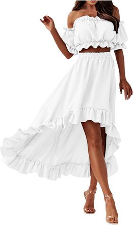 Generic Womens Solid Color Line Neck Sexy Waist Top with Puffy Sleeves and Long Skirt Control Bathing Suit Outfit Elegant Summer Beachwear Two Piece Set for W