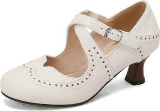 Generic Womens Vintage Style Brogue Pumps- Round Toe Chunky Heel,Cross Strap with Platform Sole for Casual Wear,White,5.5 UK