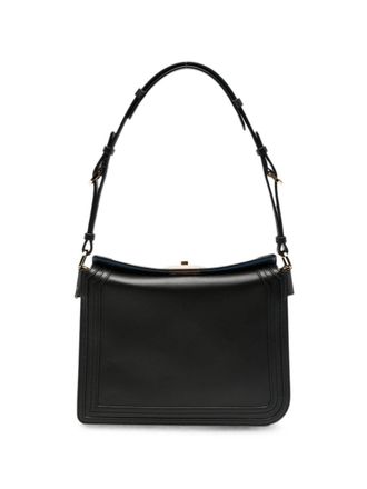 Lanvin Structured Black Leather Shoulder Bag with Logo Plaque
