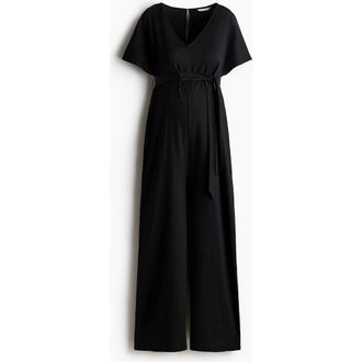 H&M Mama Short-sleeved Tie-belt Jumpsuit in Black at Nordstrom, Size X-Small