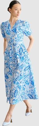 Hobbs London Libby Short Sleeve V-Neck Midi Dress in Blue Multi at Nordstrom, Size 16