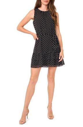 Halogen Sleeveless Tie Belt Tiered Chiffon Minidress in Rich Black at Nordstrom Rack, Size X-Small