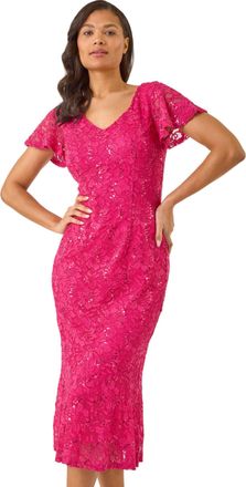 Roman Womens Sequin Lace Ruffle Midi Dress - Fuchsia - Size 10 UK