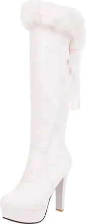 Generic Womens Furry Knee High Boots Round Toe Winter Long Boots High Heel Warm Stilettos Shoes