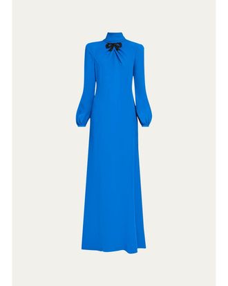 Valentino Garavani Bow Embroidered Turtleneck Long-Sleeve Silk Gown