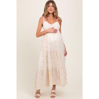 Pinkblush Embroidered Smocked Shoulder Tie Maxi Dress in Cream at Nordstrom, Size Medium