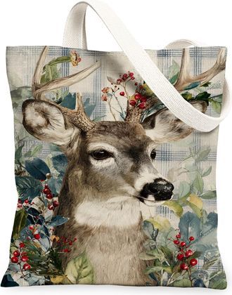 Generic Winter Deer Canvas Tote Bags, Rustic Animal Floral Reusable Bags, Lightweight Washable Shoulder Strap for Travel Beach Picn, Beige, 13x15 Inch