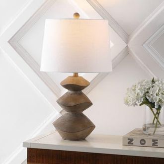 Jonathan Y Designs Laken Minimalist Coastal Resin/Iron 3-Stack Cairn LED Table Lamp in Brown Wood Finish at Nordstrom