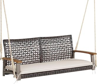 Costway Costway Banco Columpio De Exterior Con 2 Asientos, Columpio De Rat&aacute;n Pe, Respaldo Curvado Y Reposabrazos De Madera De Acacia, Carga 360 Kg, Columpio P