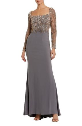 Mac Duggal Beaded Square Neck Long Sleeve Jersey Gown in Platinum Gold at Nordstrom, Size 16