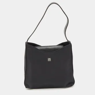 Aigner Black Leather And Nylon Flap Hobo