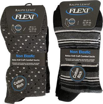 Generic FLEXI-TOP Non-Elastic Diabetic Socks, 6 Pack, Black with Coloured Heels and Toes, UK Size 6-11