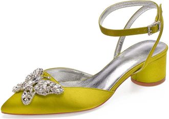 Generic Wedding Shoes Womens Bridal Pointed Toe Chunky Block Heel Ankle Strap Low Heels Slingback Heeled Sandals 4.5Cm,Yellow,5 UK