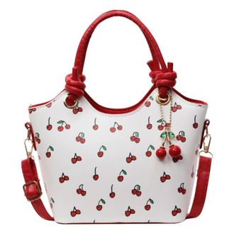 Generic Leather Bucket Top-handle Bag Women Cherry Crossbody Shoulder Bag & Pendant(Red) (Red)