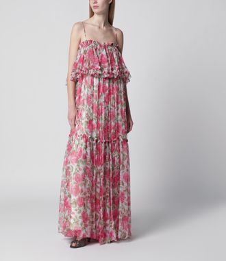 Chlo&eacute; Long silk muslin dress with rose print, white/pink