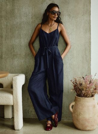 Contemporaine Womens Thin strap linen-lyocell jumpsuit