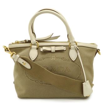 Prada Beige Ivory Canvas Leather Handbag Shoulder Bag Tote Bag (Pre-Owned)