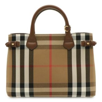 Burberry Black Brown Red Color White Canvas Leather Handbag Tote Bag (Pre-Owned)