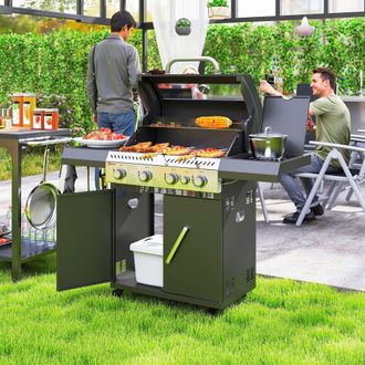 OUTSUNNY 4+1 Burner Gas BBQ Grill with Clear View Lid, Thermometer, Black