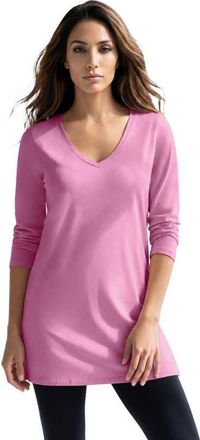 Roaman's Plus Size Cotton Ultimate Long Sleeve V Neck Tunic in Mauve Orchid at Nordstrom, Size Large