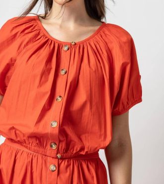 Lilla P Elastic Hem Button Front Top In Poppy